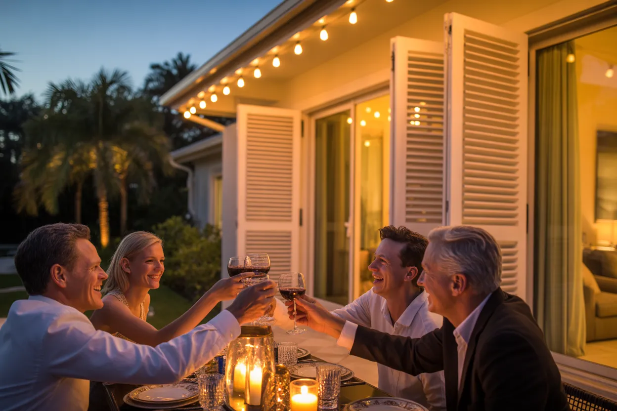 Resort-style backyard with outdoor shade structure in Fort Myers
