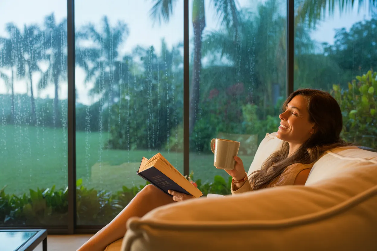 Luxury outdoor dining space with shade in a waterfront community