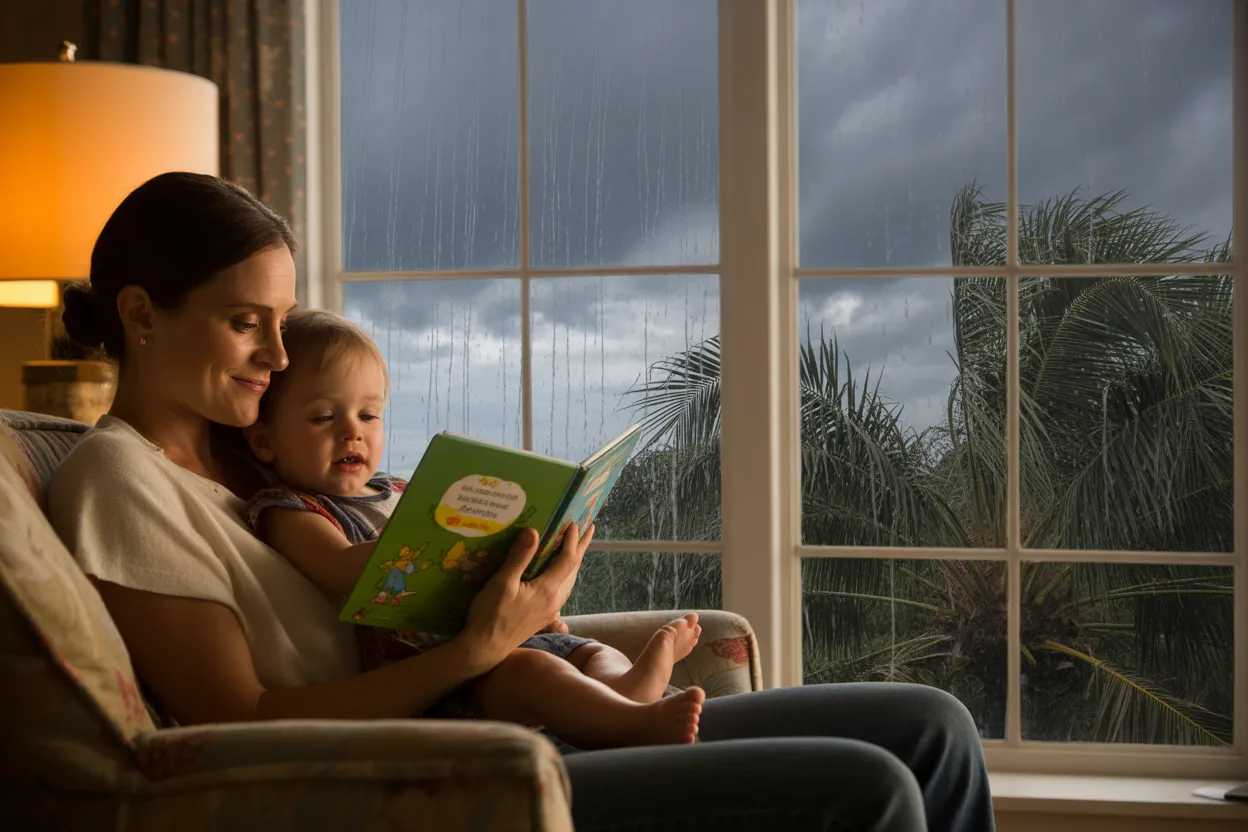 Friends gathered on a shaded pool deck near the coast