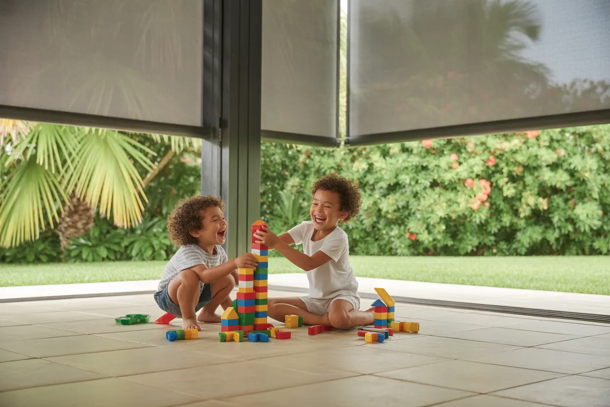 Modern poolside lanai with motorized shade system