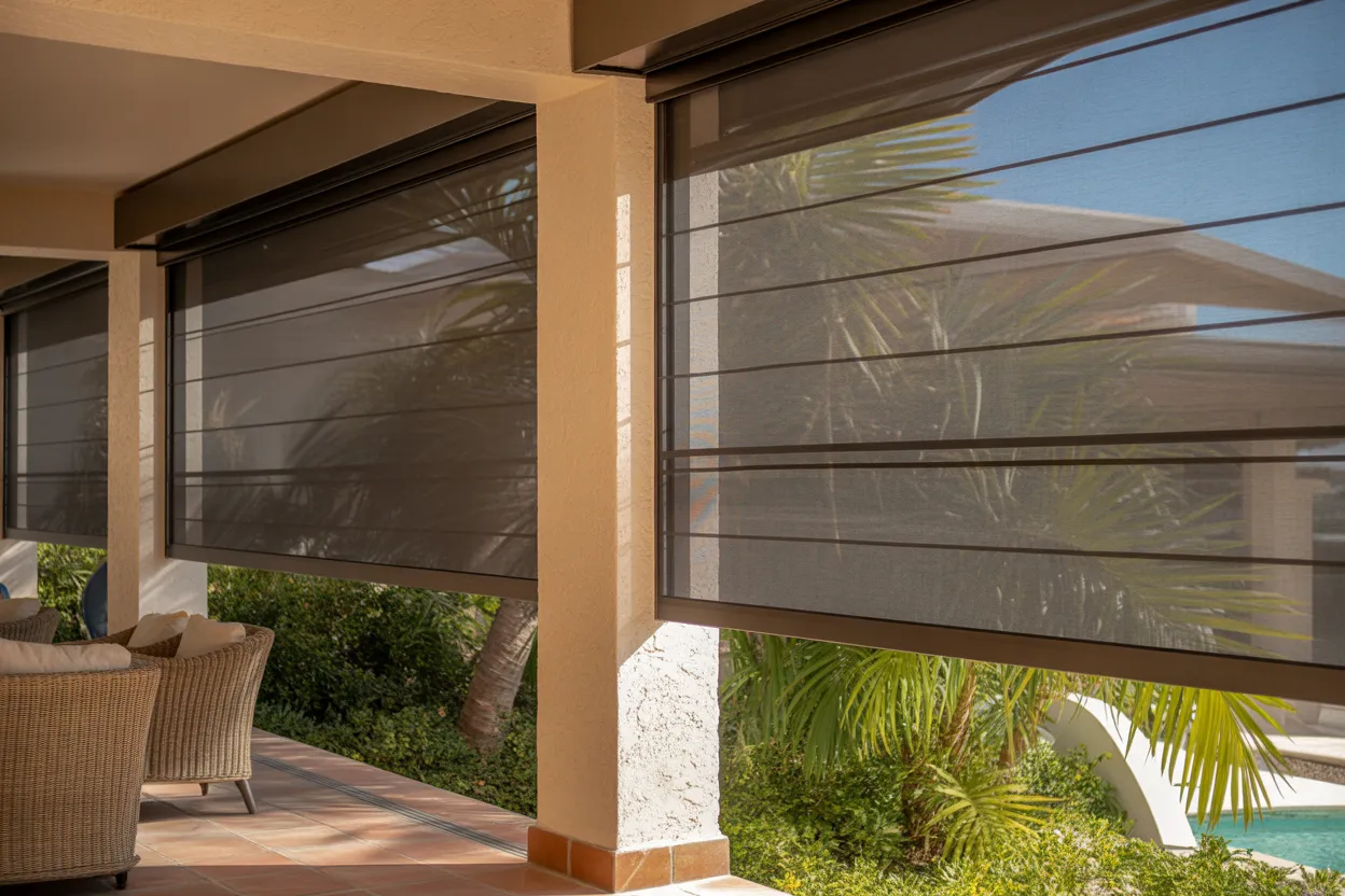 Retractable patio screen partially deployed on a Cape Coral lanai