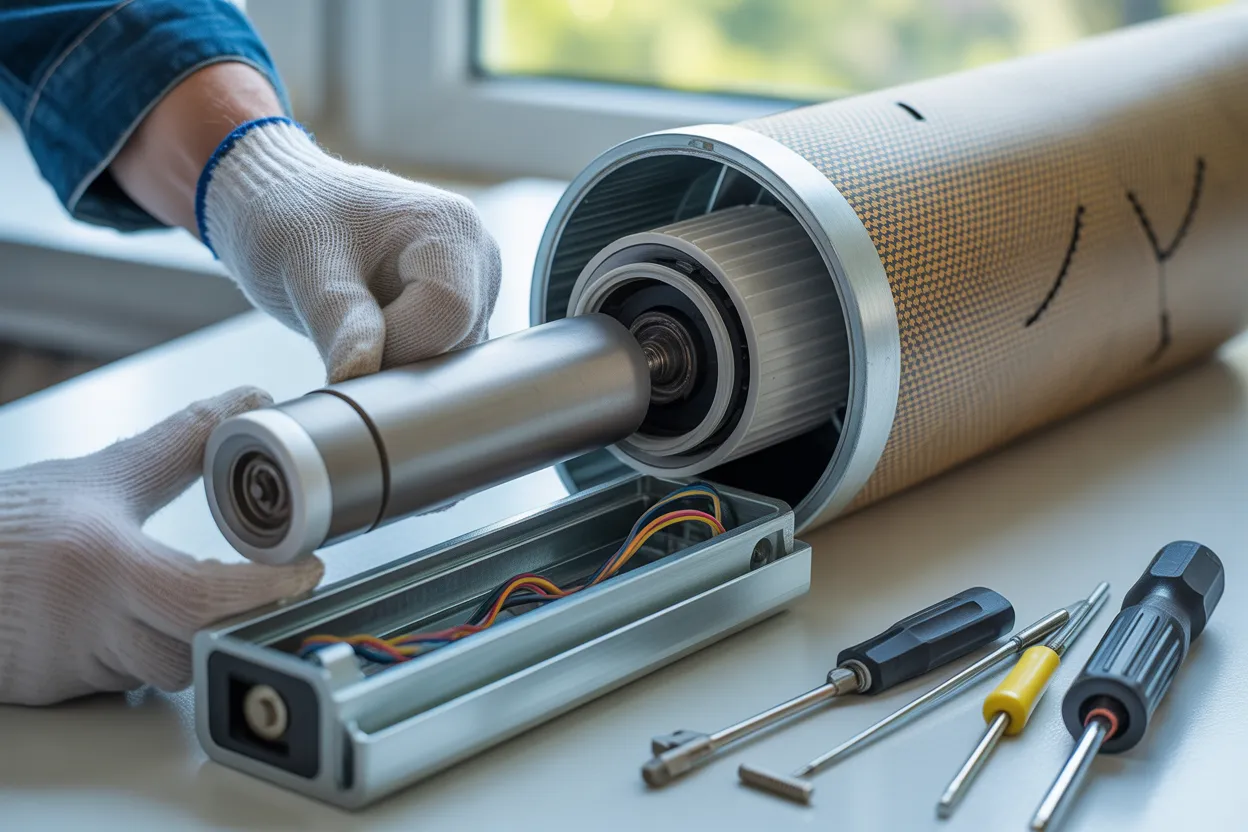 Technician replacing a shade motor during a maintenance service call