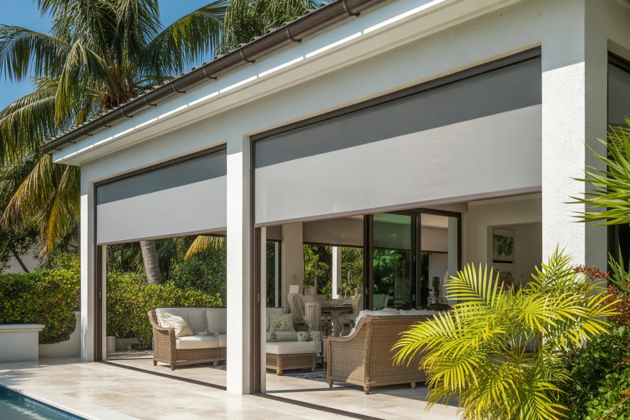 Zip-track solar shade sealed in side channels on a screened porch